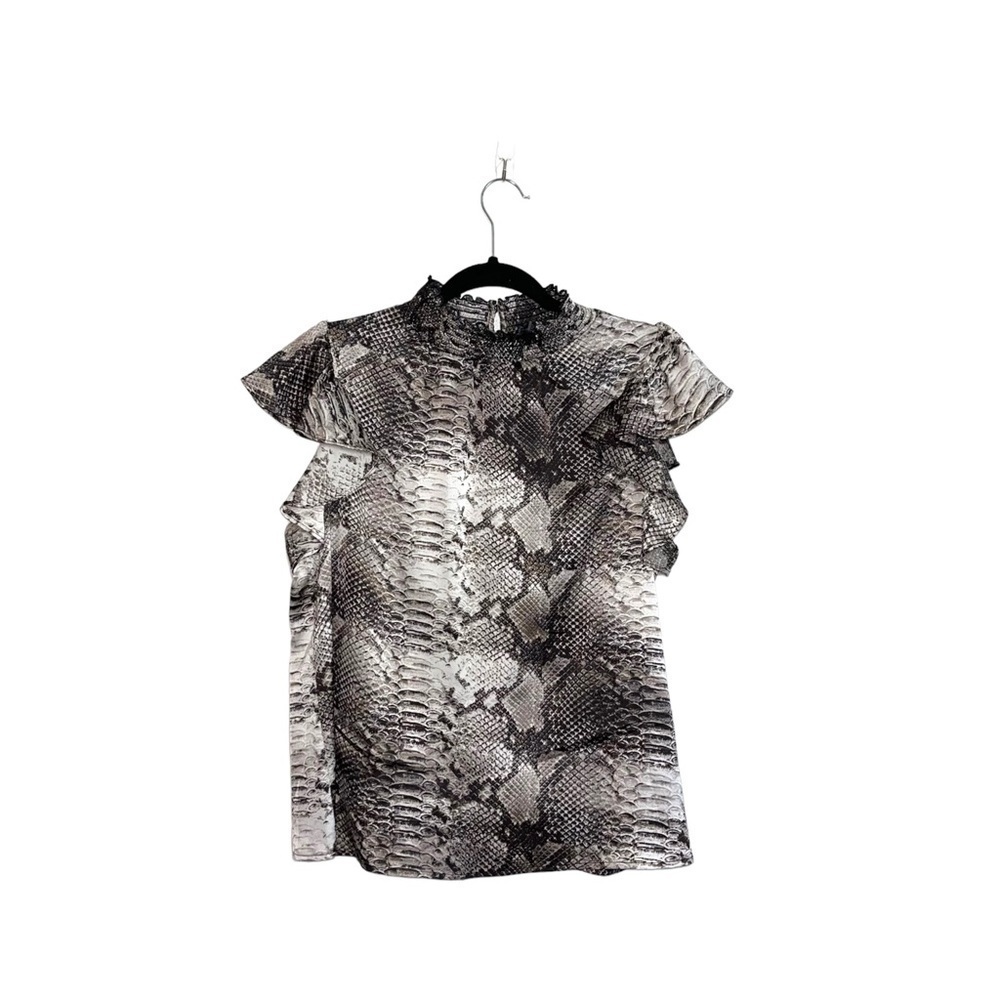 1. State Brown Snakeskin Print Smock Neck Flutter Sleeve Blouse Medium Women’s
